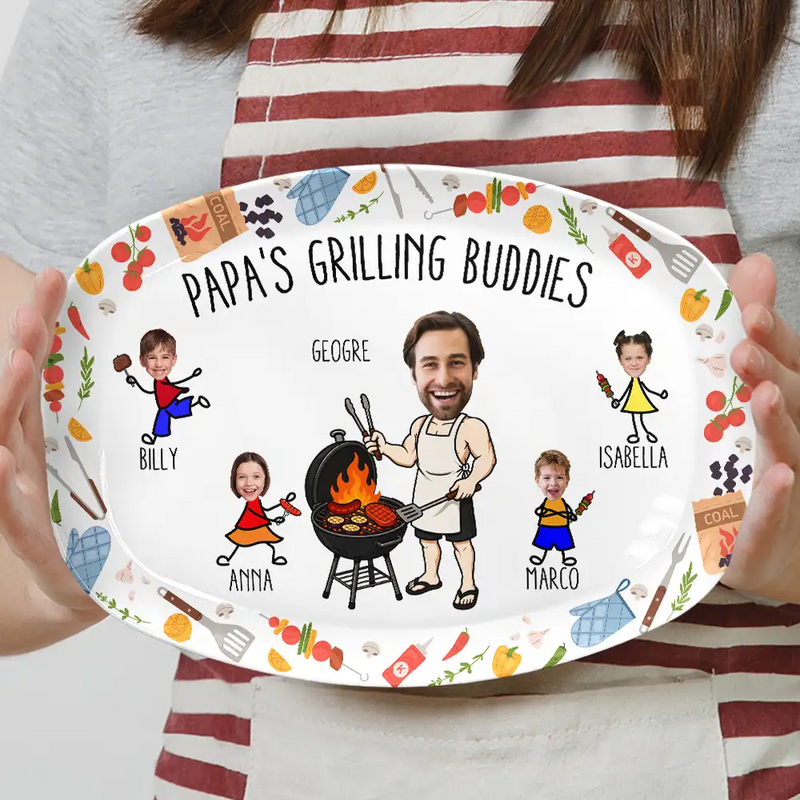 Gift For Father,Gift For Grandpa,Grilling,Photo,Icon,Humorous - Custom Photo Dad Papa Grilling Buddies Fun Icon - Personalized Plate