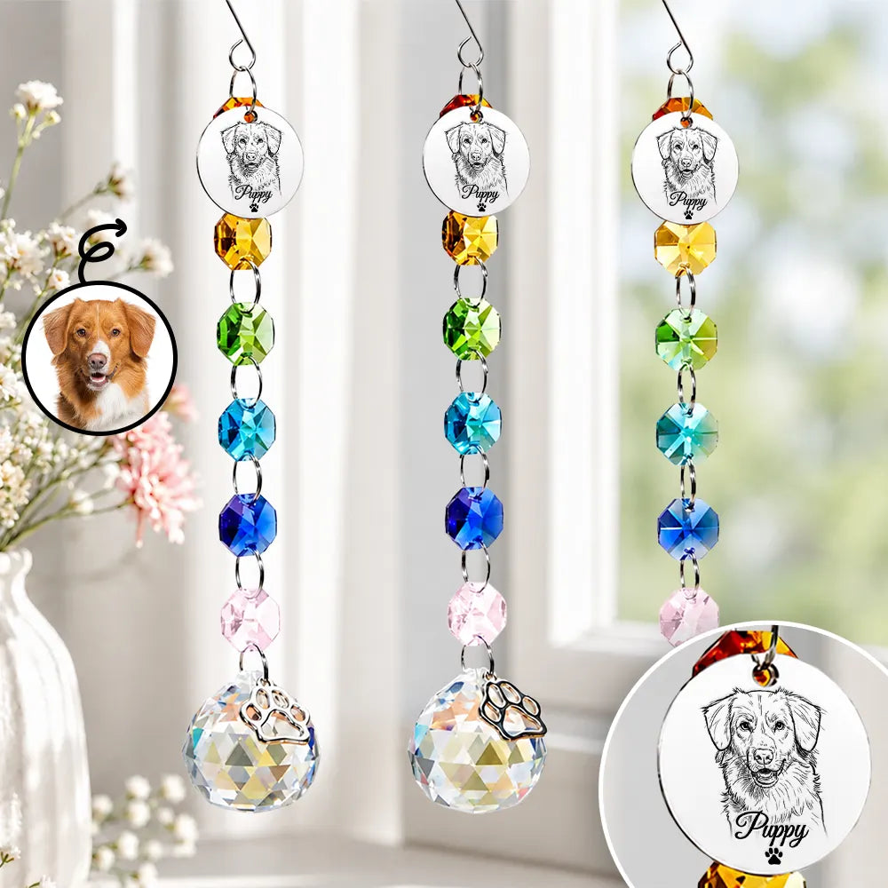 Custom Photo Pet Forever Love Pencil Sketch - Personalized Crystal Suncatcher With Charm