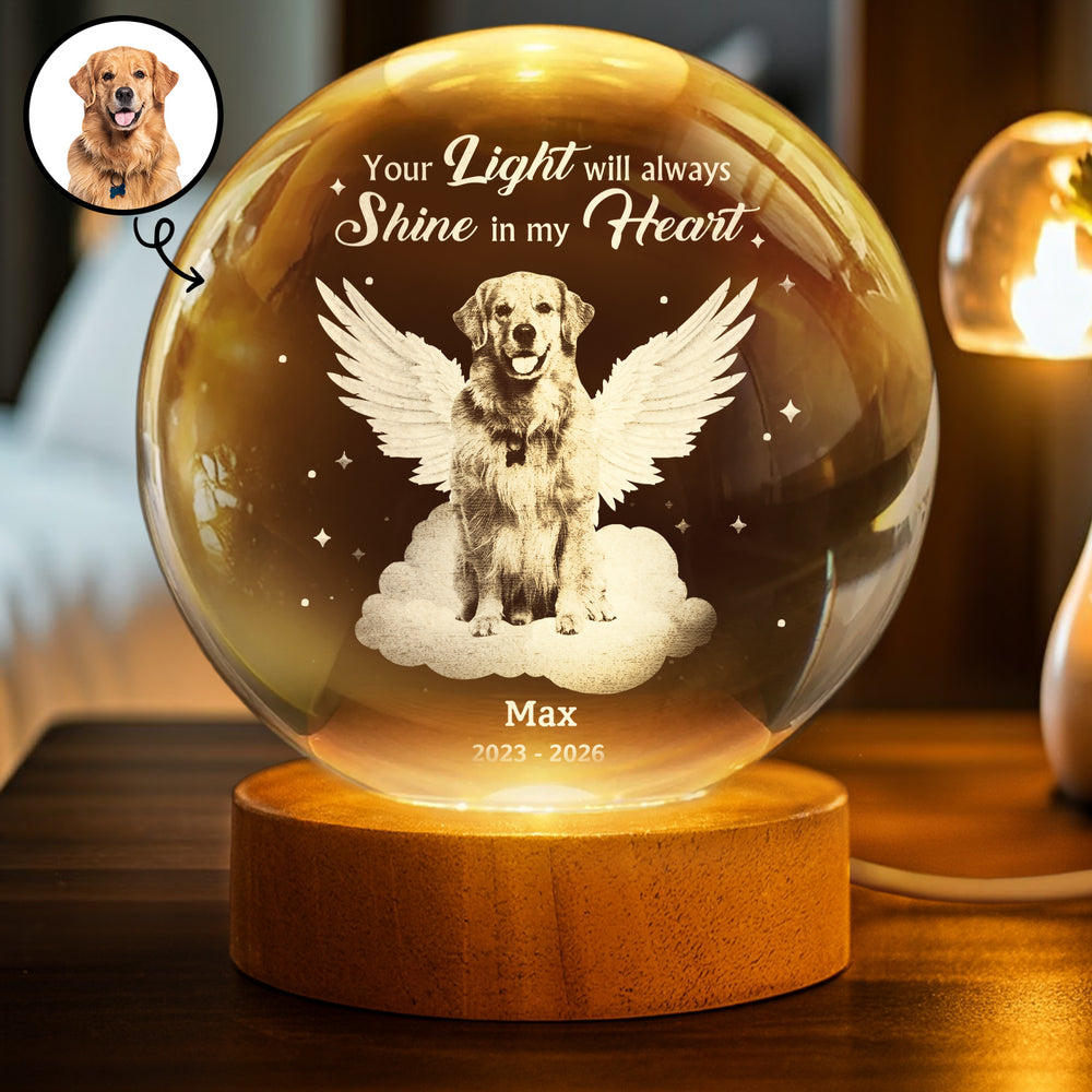 Custom Photo Dog Cat Pet Memorial Your Light Will Always Shine In My Heart - Personalized Crystal Globe Lamp