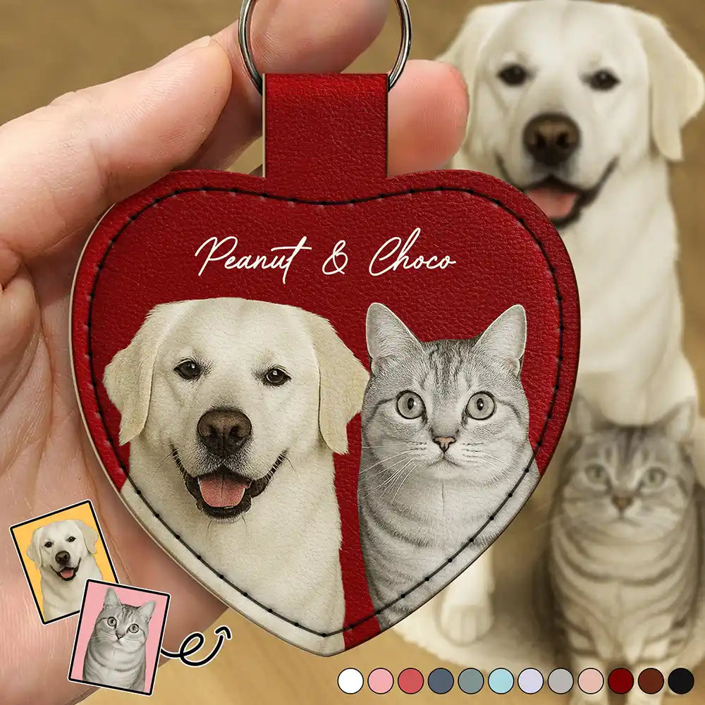 Pet Lovers, Dog Lovers, Cat Lovers - Custom Photo Dog Cat Pet Portrait - Personalized Custom Shaped Leather Keychain With Stitching