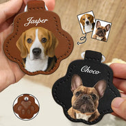 Pet Lovers, Dog Lovers, Cat Lovers - Custom Photo Dog Cat Pet Portrait - Personalized Paw Shaped Leather Keychain With Stitching