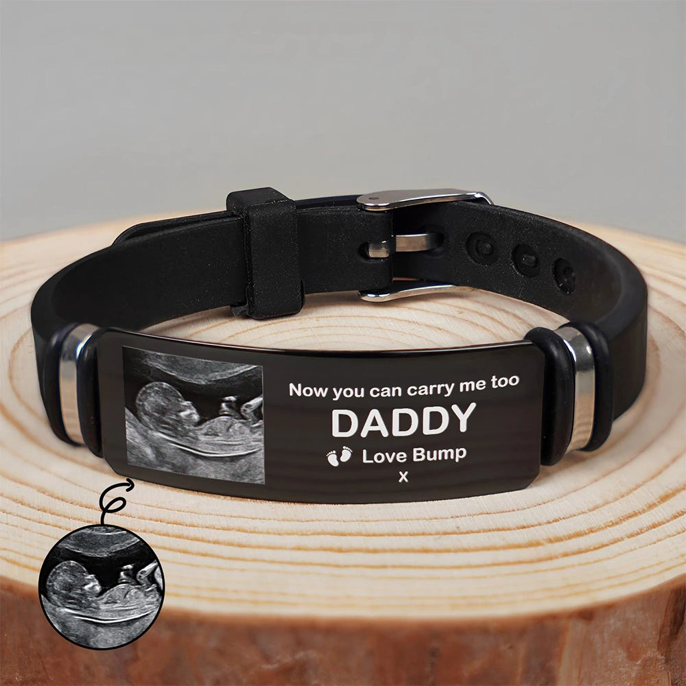 Custom Photo Expecting Dad Now You Can Carry Me Too - Personalized Engraved Bracelet