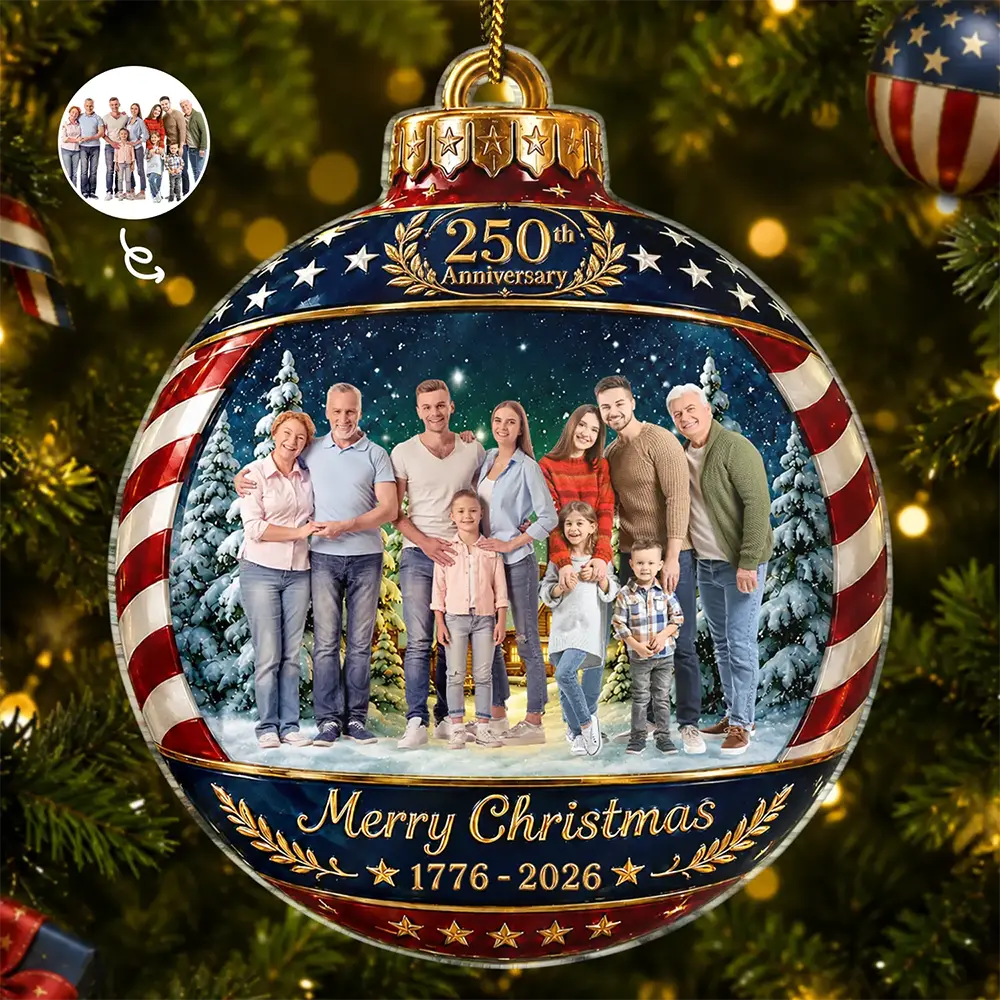 Custom Photo Family Merry Christmas 250th Anniversary - Personalized Custom Shaped Acrylic Ornament