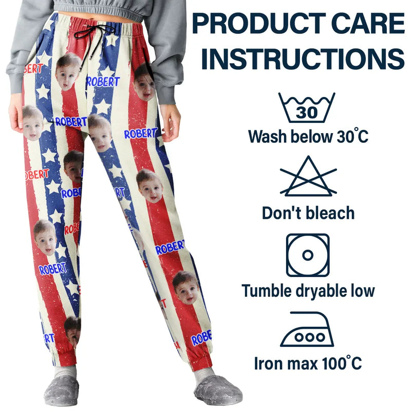 Family, Custom Photo, Independence Day, Happy - Custom Photo Family Mom Dad Pet Face America Stars And Stripes - Personalized Pajama Pants