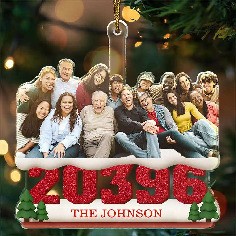 Family,Custom Photo,Christmas - Custom Photo Family Sitting On Snow Zip Code - Personalized Custom Shaped Acrylic Ornament
