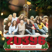 Family,Custom Photo,Christmas - Custom Photo Family Sitting On Snow Zip Code - Personalized Custom Shaped Acrylic Ornament
