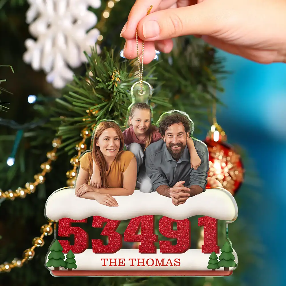 Family,Custom Photo,Christmas - Custom Photo Family Sitting On Snow Zip Code - Personalized Custom Shaped Acrylic Ornament