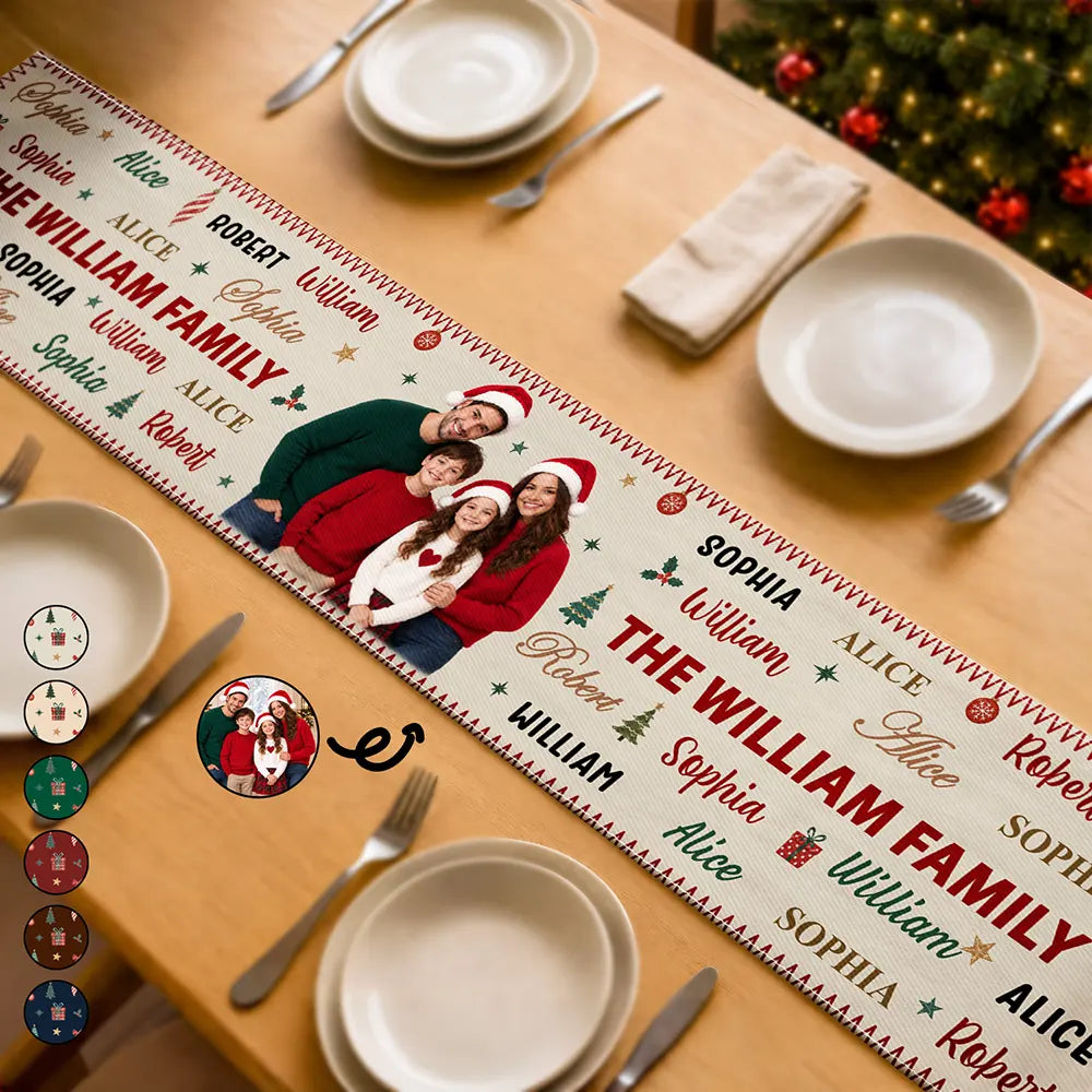 Custom Photo Family & Name Pattern Christmas Theme - Personalized Table Runner