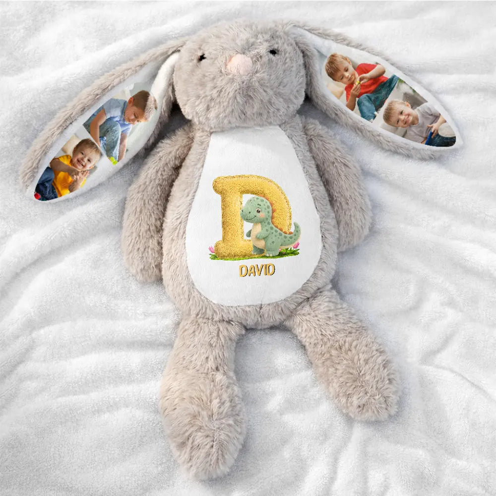 Adorable,Back To School,Gift For Kids,Icon,Photo Collage - Custom Photo Faux Embroidery Effect Chenille Animal & Alphabet Letters - Personalized Soft Toy Bunny