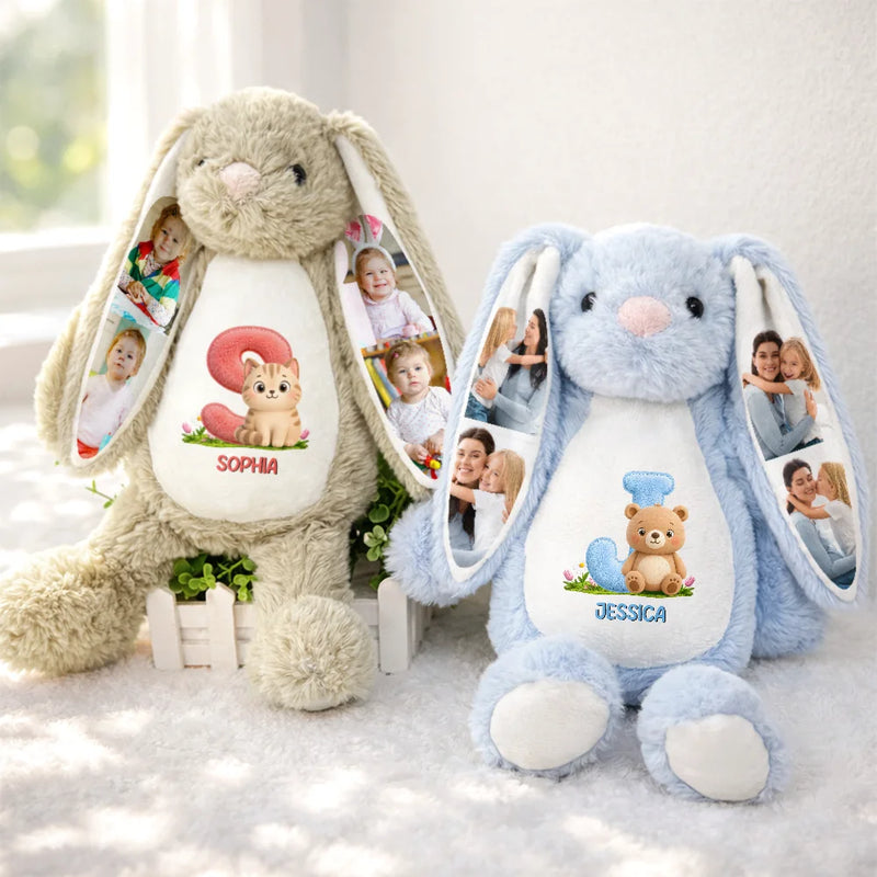 Adorable,Back To School,Gift For Kids,Icon,Photo Collage - Custom Photo Faux Embroidery Effect Chenille Animal & Alphabet Letters - Personalized Soft Toy Bunny