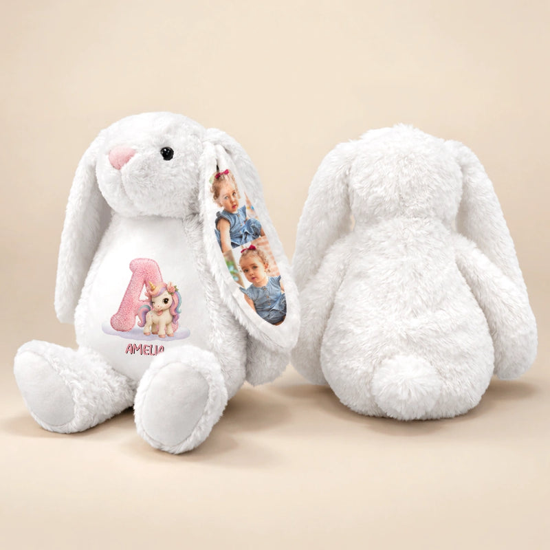 Adorable,Back To School,Gift For Kids,Icon,Photo Collage - Custom Photo Faux Embroidery Effect Chenille Animal & Alphabet Letters - Personalized Soft Toy Bunny