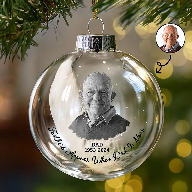 Christmas, Custom Photo, Memorial, Dad - Children, Sad - Custom Photo Feather Appears When Dad Is Near - Personalized Glass Bauble Ornament