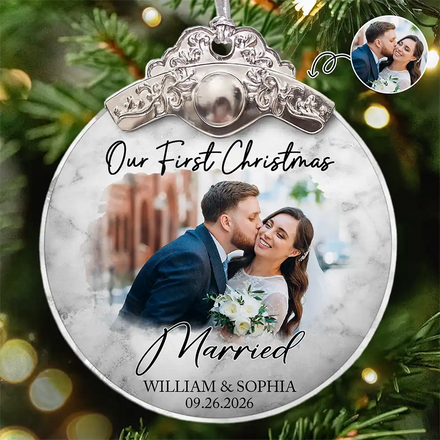 Custom Photo First Christmas As Mr & Mrs Couples - Personalized Glass Ornament With Silver Cap