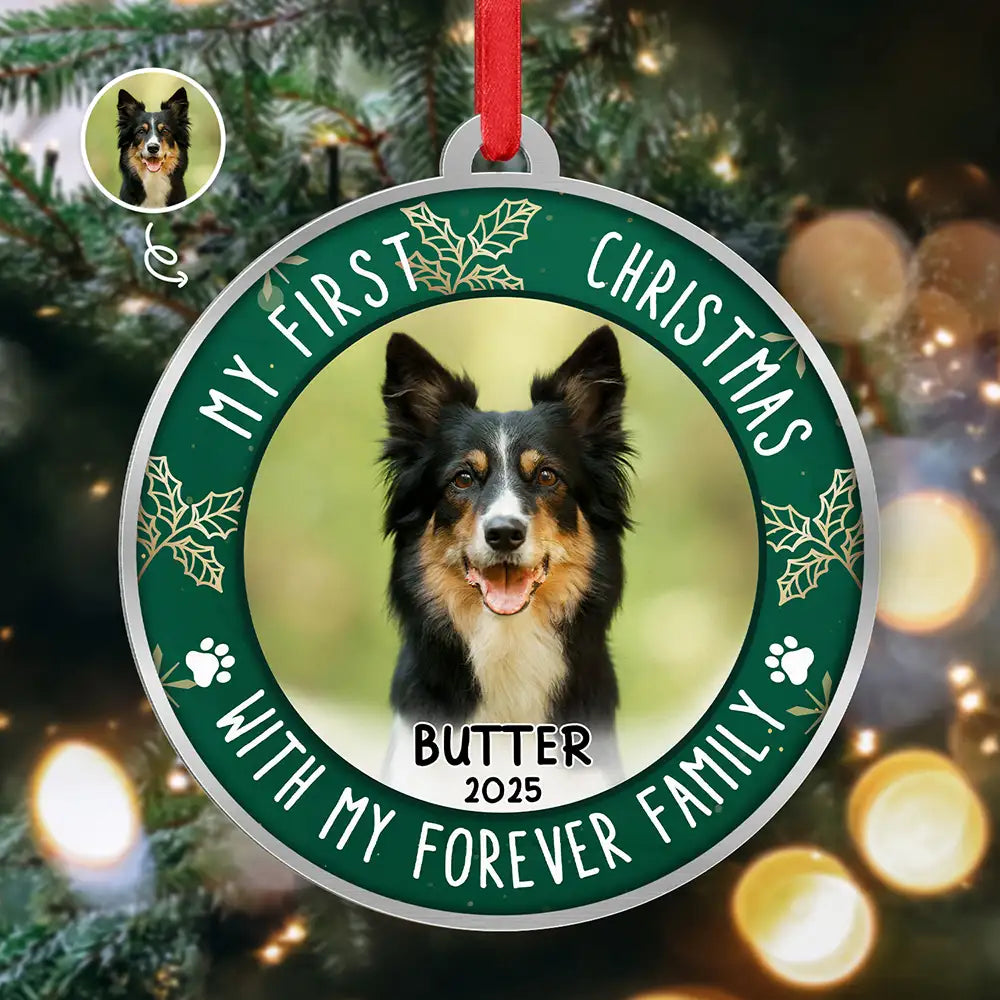 Custom Photo First Christmas Pet Lovers - Personalized Metal Ornament