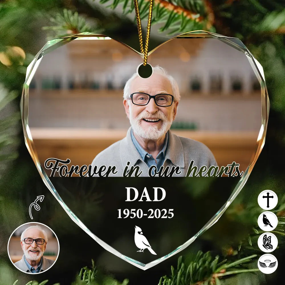 Gift For Yourself,Memorial,Sad,Christmas - Custom Photo QR Code Forever In Our Hearts - Personalized Heart Shaped Glass Ornament  