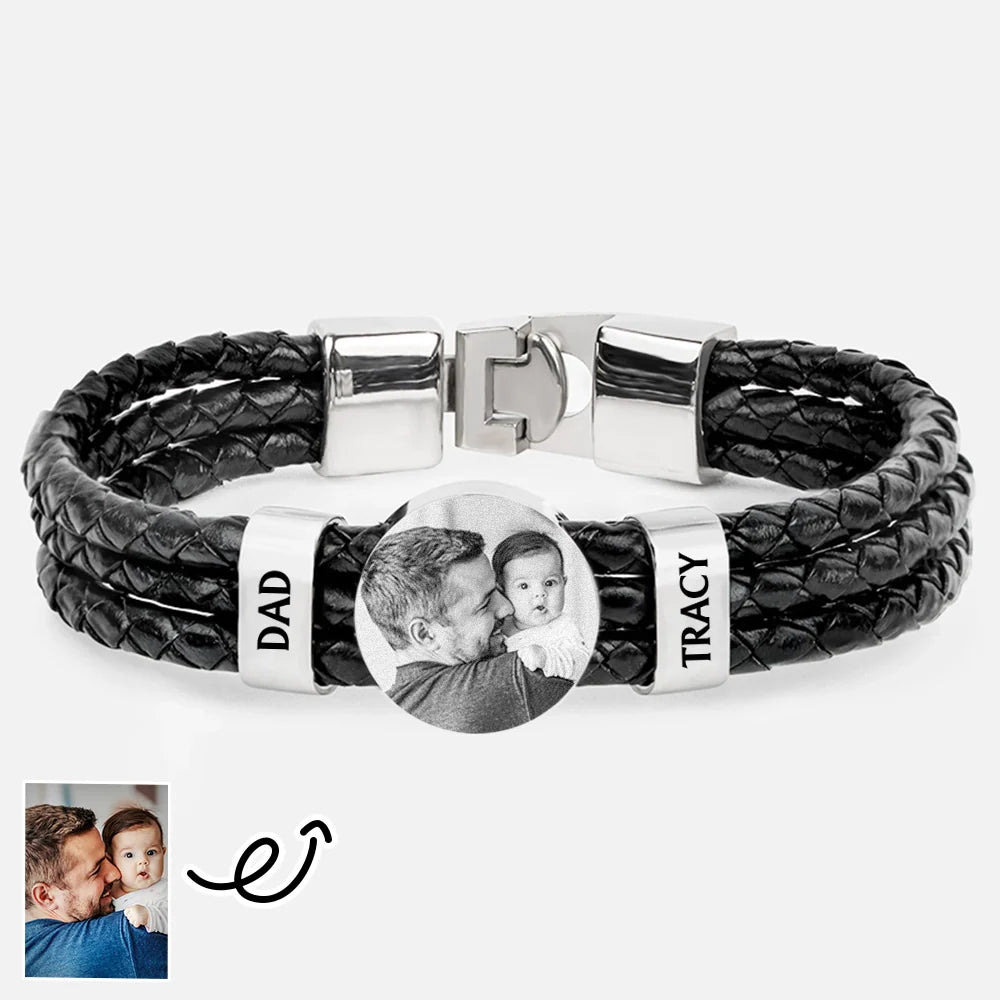 Gift For Father, Parents, Gift For Mother, New Dad, Happy, Gift For Husband - Custom Photo Forever Love Dad Mom Children Family - Personalized Leather Braided Bracelet