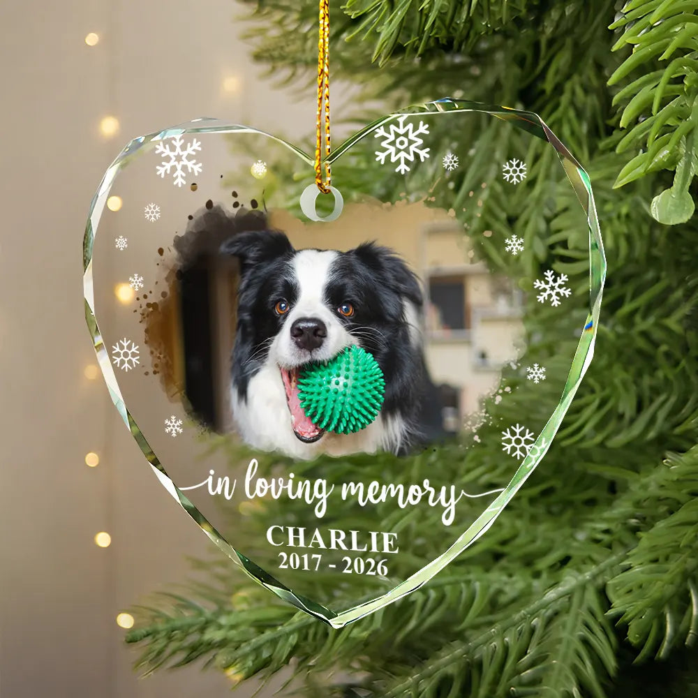 Custom Photo Forever Loved Memorial Dog Cat - Personalized Heart Shaped Glass Ornament