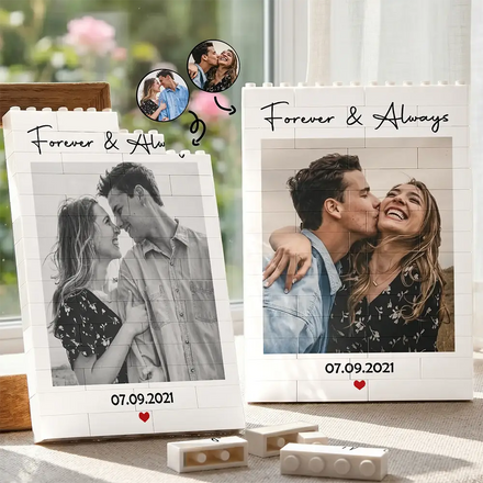 Custom Photo Forever & Always Couple Anniversary - Personalized Building Brick Blocks