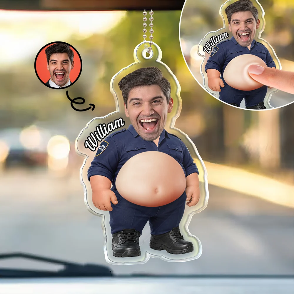 Custom Photo Funny Belly Police Officer On Duty - Personalized Squishy Acrylic Car Hanger
