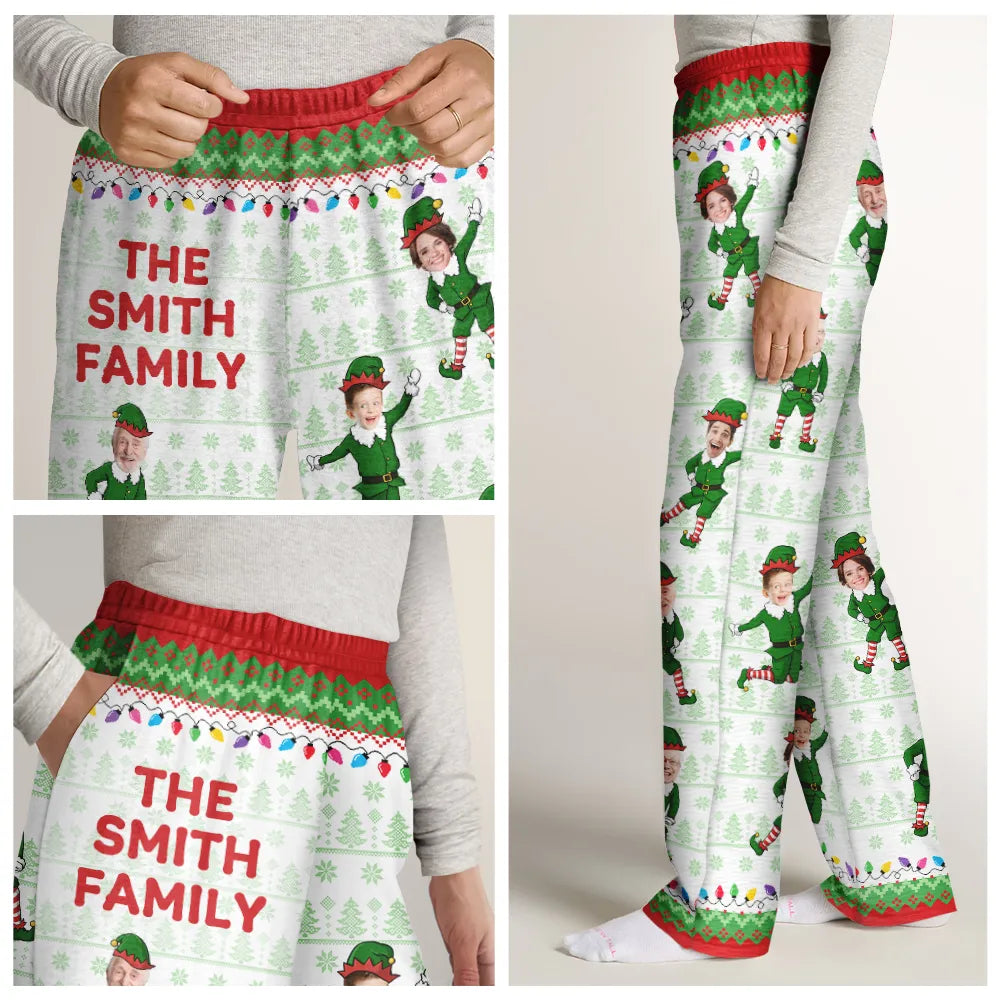 Family,Parents,Gift For Grandparents,Gift For Kids,Gift For Grandkids,Pet Lovers,Dog Lovers,Christmas,Custom Photo - Custom Photo Funny Christmas Elf Family Face Cut - Personalized Pajama Pants