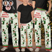 Family,Parents,Gift For Grandparents,Gift For Kids,Gift For Grandkids,Pet Lovers,Dog Lovers,Christmas,Custom Photo - Custom Photo Funny Christmas Elf Family Face Cut - Personalized Pajama Pants