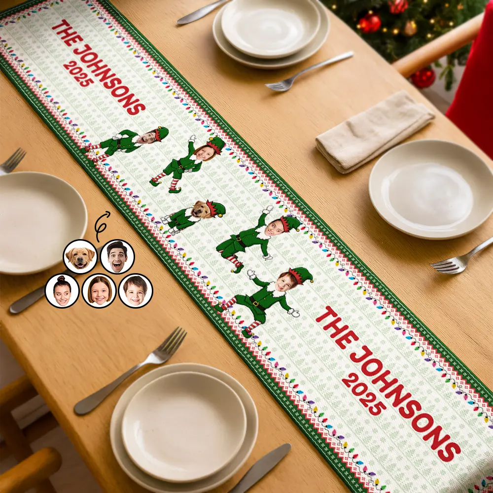 Family, Parents, Gift For Grandparents, Happy, Christmas - Custom Photo Funny Christmas Elf Family Face Cut - Personalized Table Runner