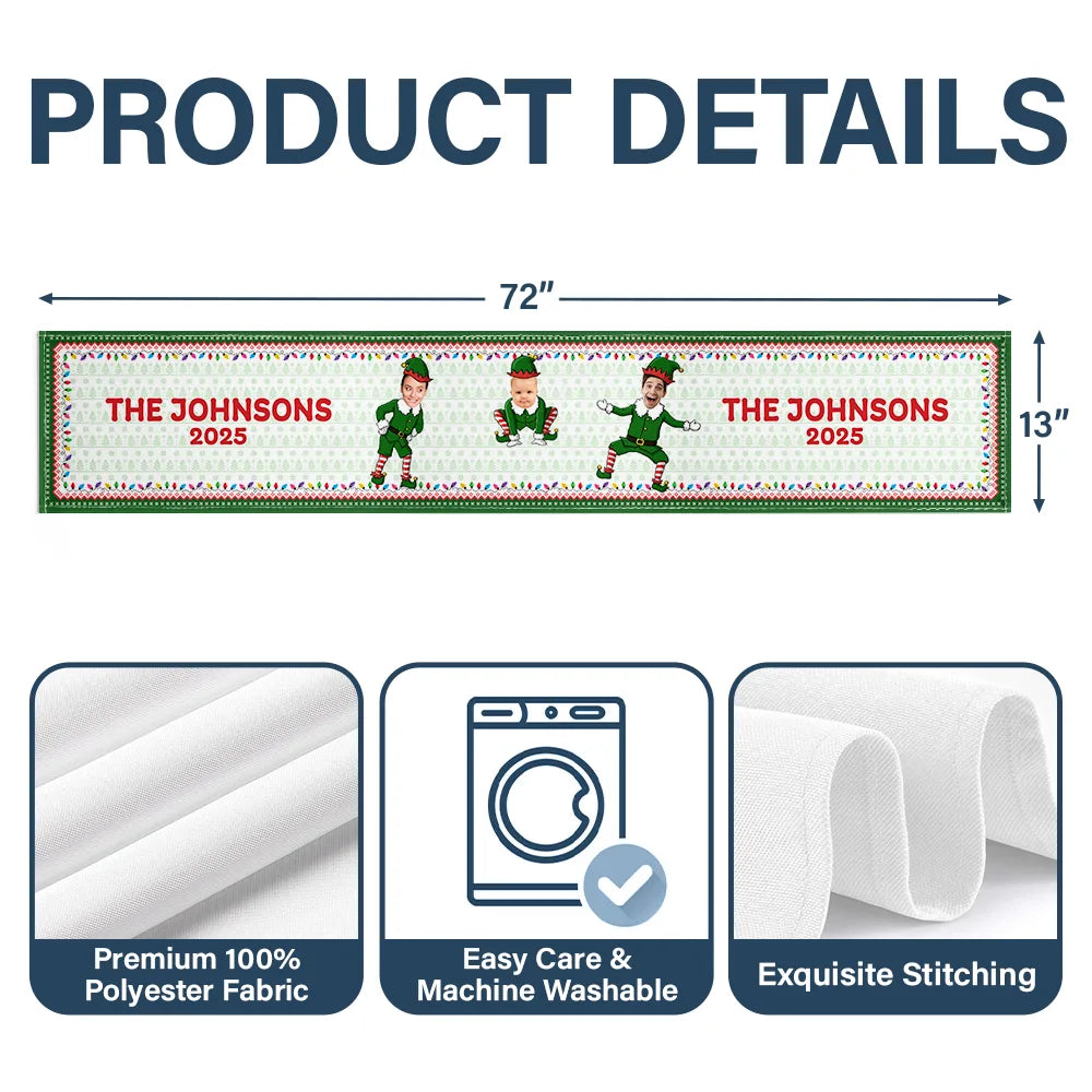 Family, Parents, Gift For Grandparents, Happy, Christmas - Custom Photo Funny Christmas Elf Family Face Cut - Personalized Table Runner