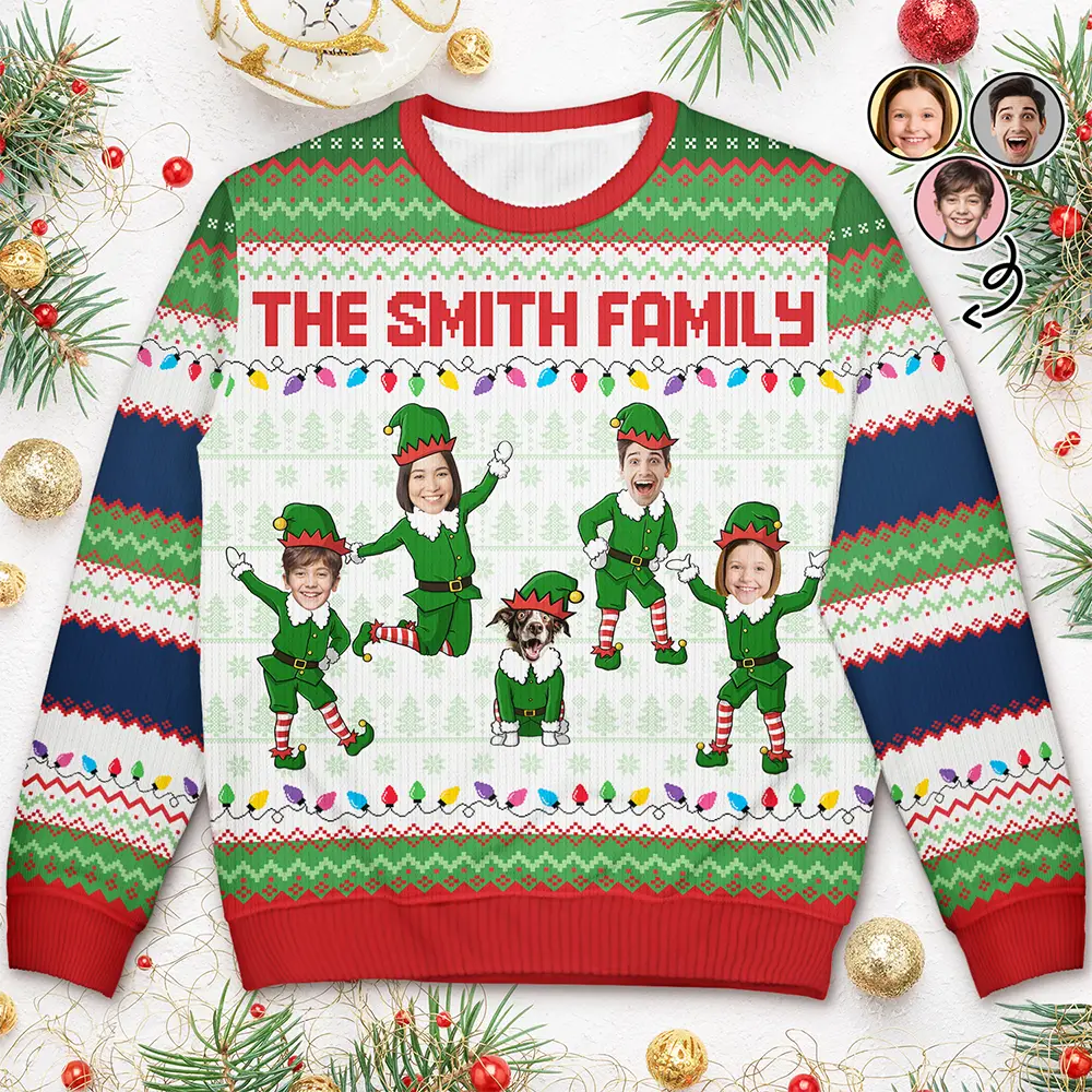 Custom Photo Funny Christmas Elf Family Face Cut - Personalized Unisex Ugly Sweater