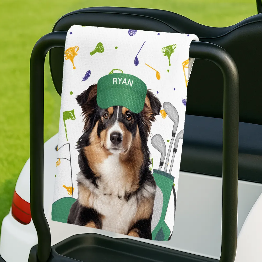 Happy, Golf, Gift For Men, Gift For Husband, Dog Lovers, Pet Lovers, Gift For Yourself - Custom Photo Funny Dog Cat - Personalized Golf Towel