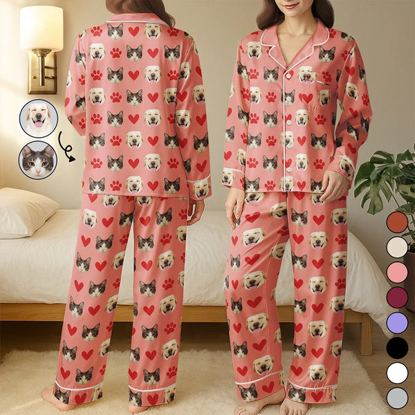 Dog Lovers, Cat Lovers, Dog Mom, Cat Mom, Happy, Gift For Women, Gift For Yourself - Custom Photo Funny Dog Cat Pet - Personalized Satin Pajama Set