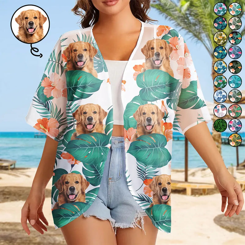 Summer,Gift For Wife,Gift For Girlfriend,Gift For Women,Gift For Yourself,Dog Lovers,Dog Mom,Happy,Pet Lovers,Beach - Custom Photo Funny Family Dog Cat - Personalized Women Kimono Cardigan