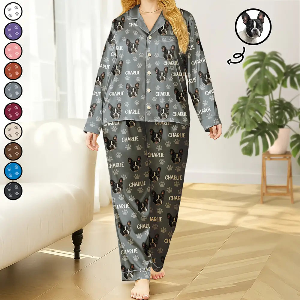 Dog Lovers,Pet Lovers,Cat Lovers,Cat Mom,Dog Mom,Pet Mom,Happy - Custom Photo Funny Pet Face Pattern Dog Cat - Personalized Satin Pajama Set