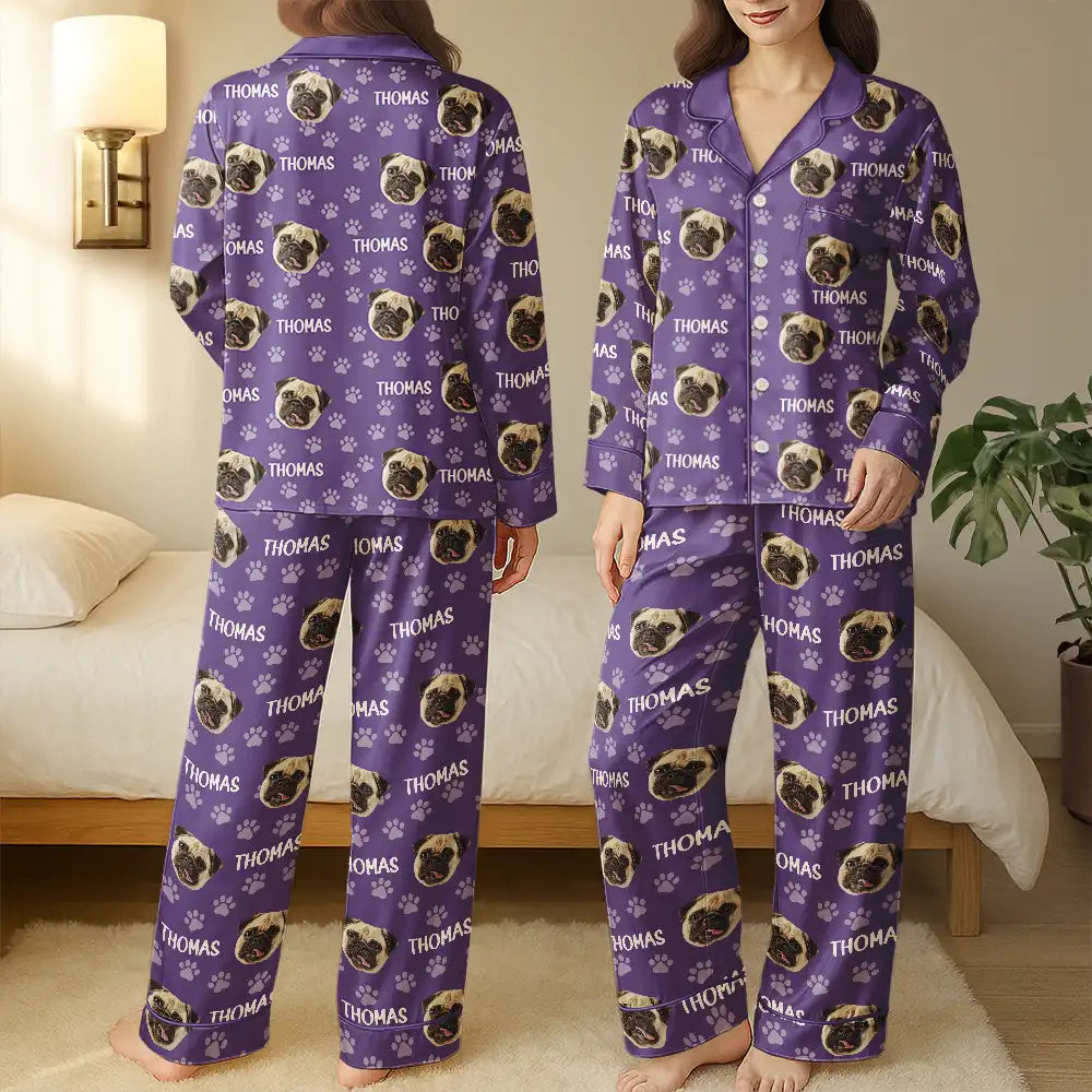 Dog Lovers,Pet Lovers,Cat Lovers,Cat Mom,Dog Mom,Pet Mom,Happy - Custom Photo Funny Pet Face Pattern Dog Cat - Personalized Satin Pajama Set
