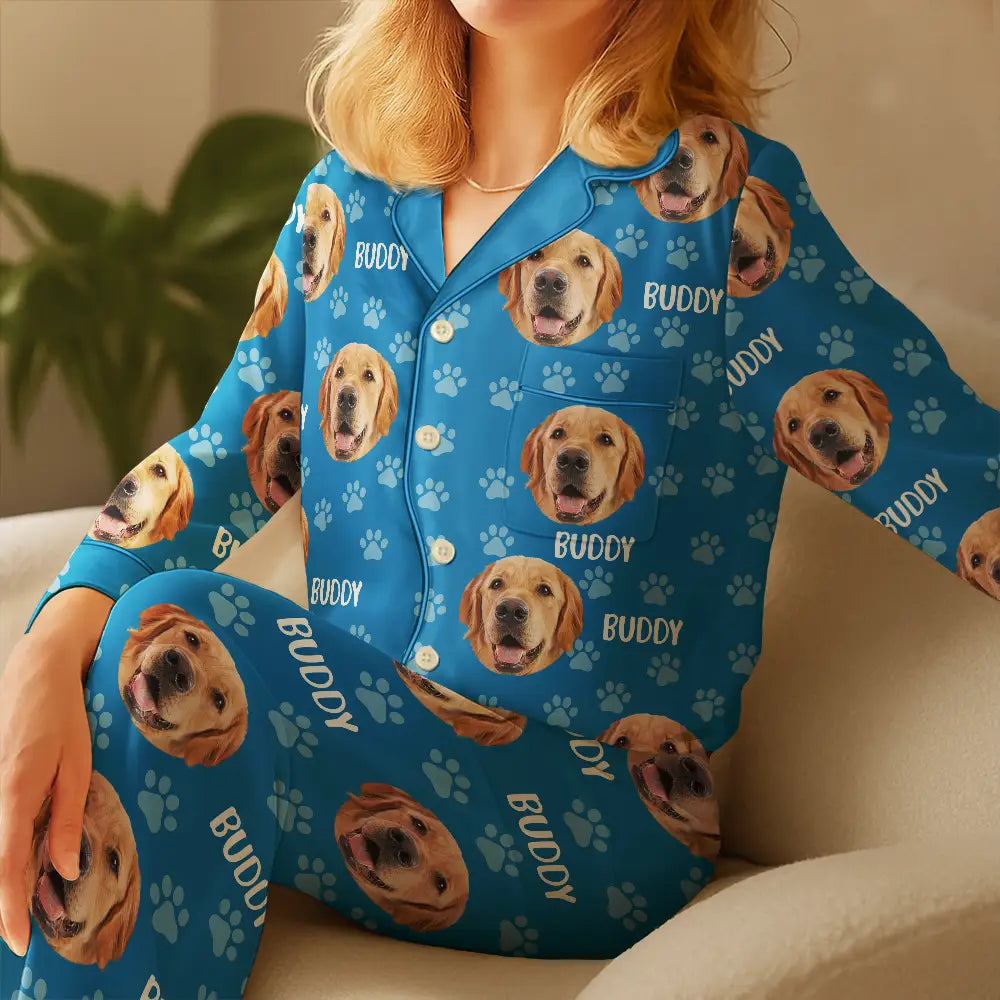 Dog Lovers,Pet Lovers,Cat Lovers,Cat Mom,Dog Mom,Pet Mom,Happy - Custom Photo Funny Pet Face Pattern Dog Cat - Personalized Satin Pajama Set