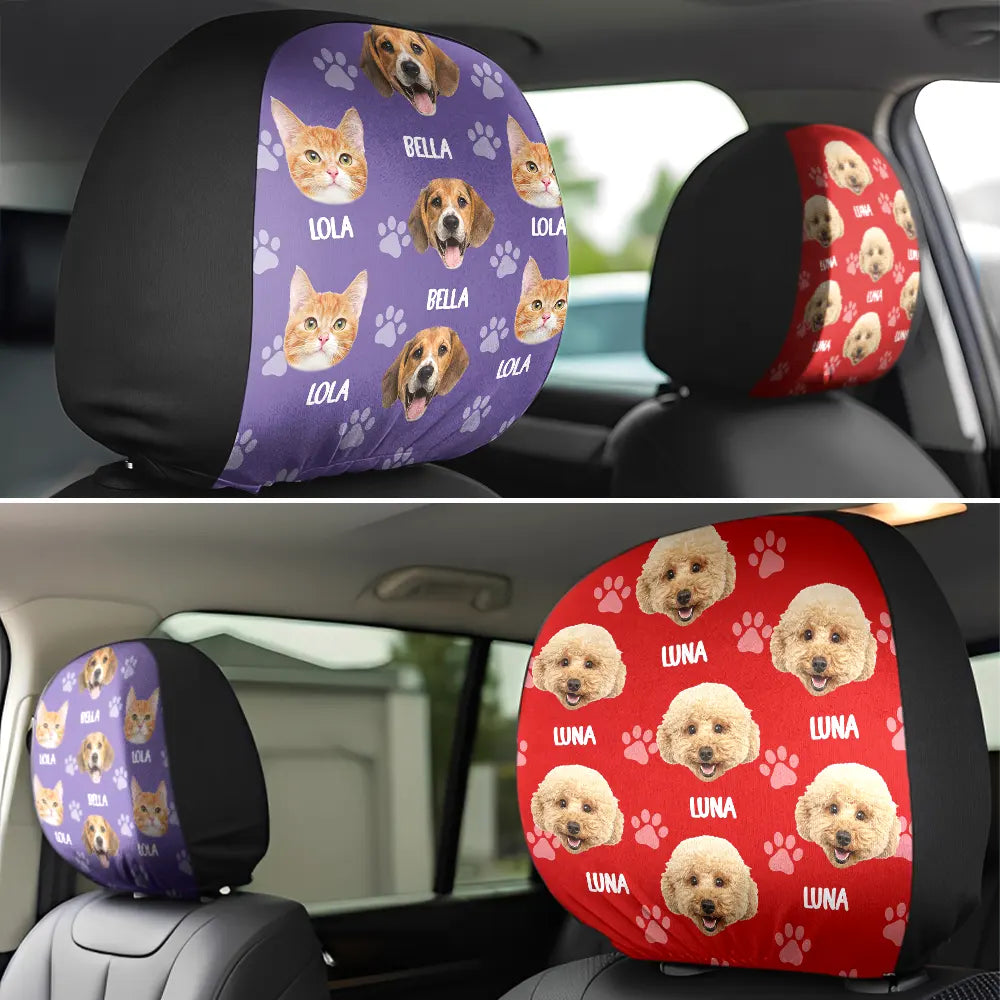 Pet Lovers,Custom Photo,Funny - Custom Photo Funny Pet Face Pattern Dog Cat Family - Personalized Car Headrest Covers