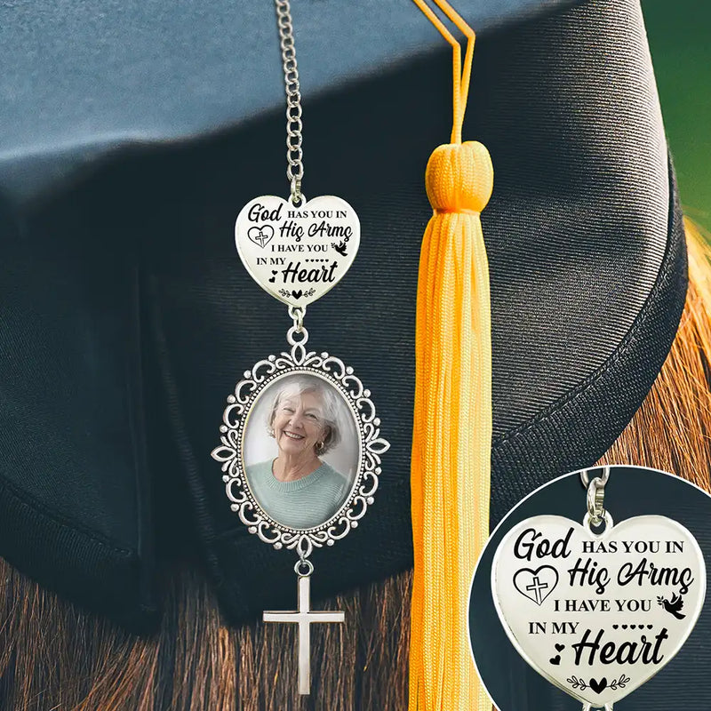 Sad, Memorial, Graduation, Gift For Yourself, Christian - Custom Photo God Has You In His Arms I Have You In My Heart - Personalized Graduation Tassel Charm