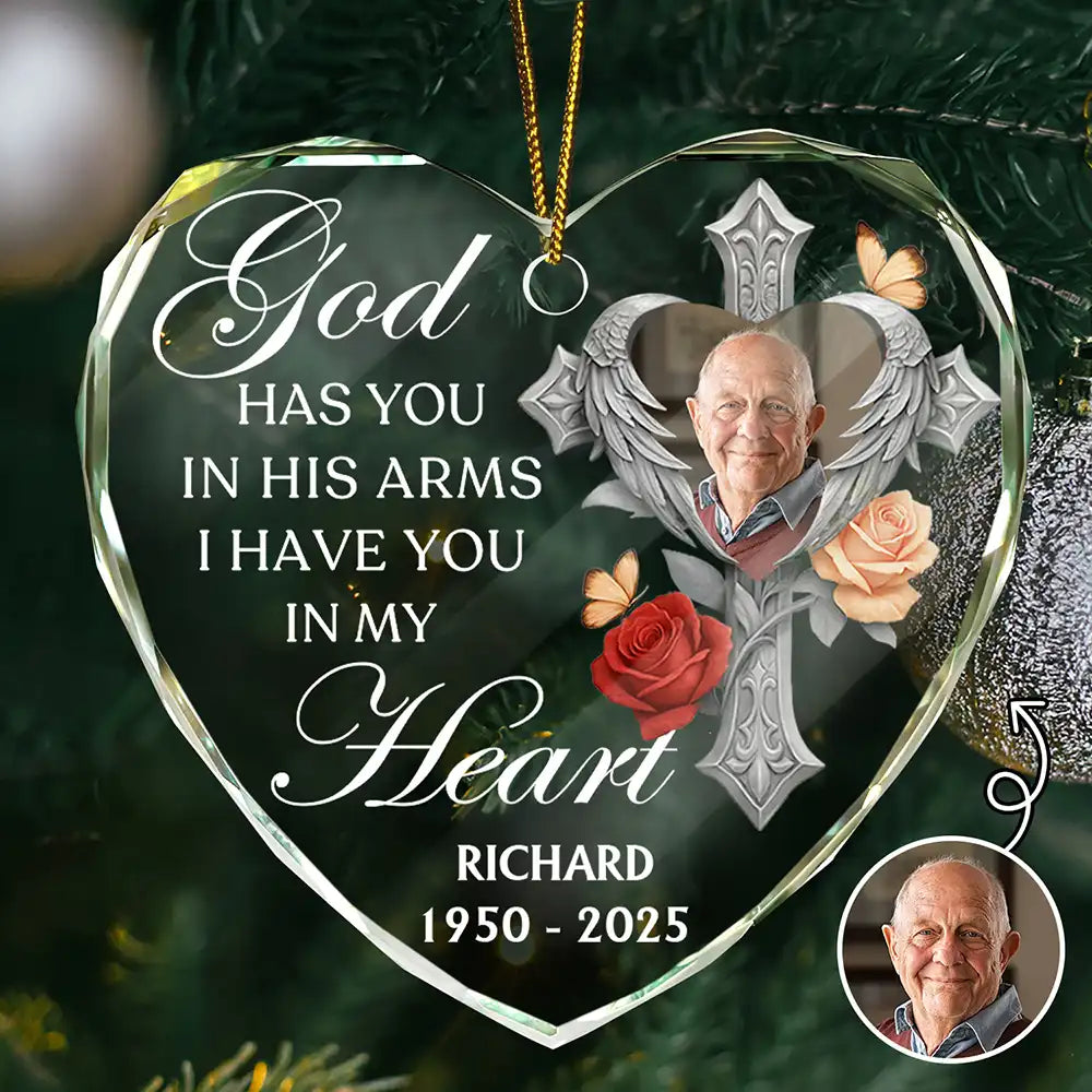 Custom Photo God Has You In His Arms Memorial - Personalized Heart Shaped Glass Ornament
