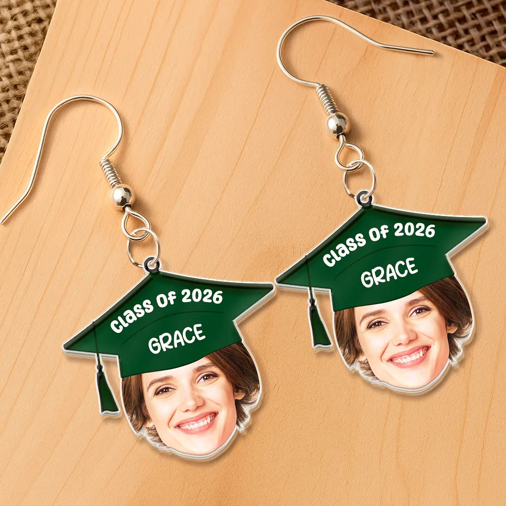 Graduation,Gift For Yourself,Gift For Women,Gift For Daughter,Gift For Sisters,Gift For Bestie - Custom Photo Graduation Hat With Funny Face - Personalized Acrylic Earrings