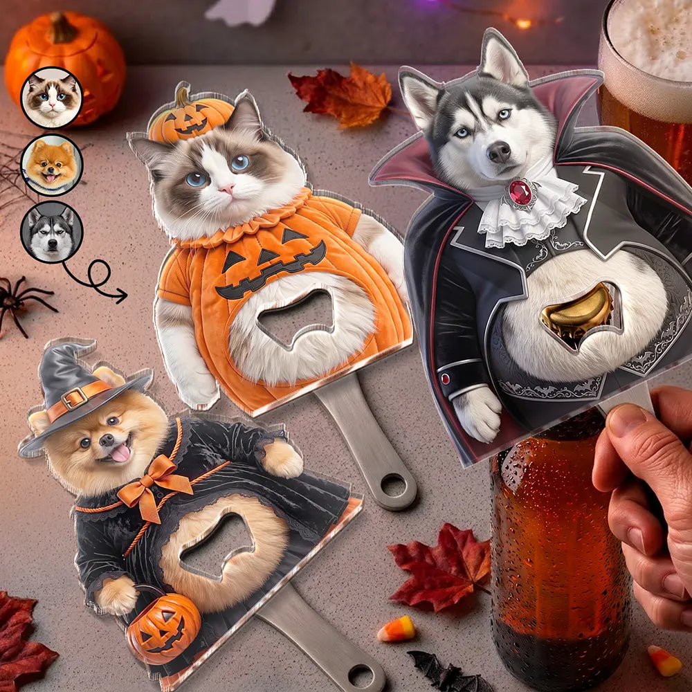 Art Design,Humorous,Halloween,Pet Lovers,Photo - Pet Belly Halloween Costume - Custom Photo Halloween Costume Pet Dog Cat Vampire Mummy Ghost - Personalized Custom Shaped Bottle Opener