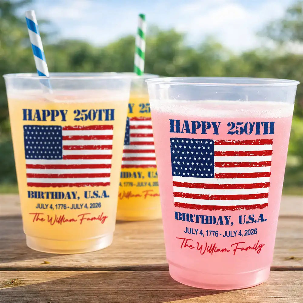 Independence Day,Family,America 250th,Photo,Proud - Custom Photo Happy 250th Birthday USA Family Name - Personalized Frosted Cups