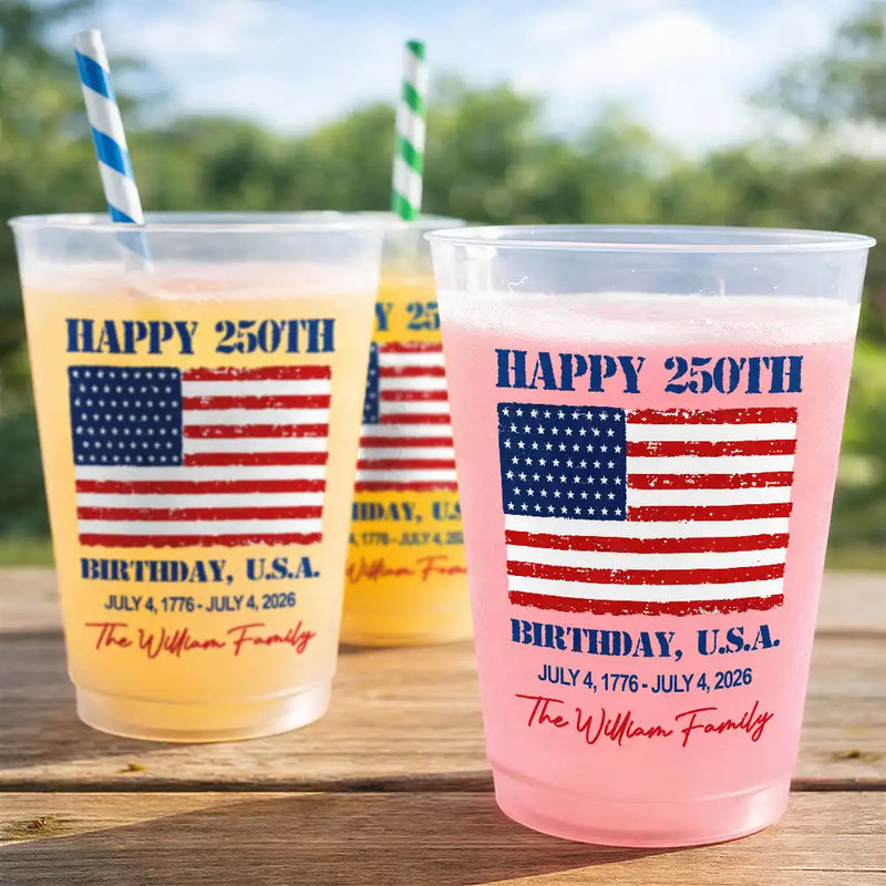Independence Day,Family,America 250th,Photo,Proud - Custom Photo Happy 250th Birthday USA Family Name - Personalized Frosted Cups