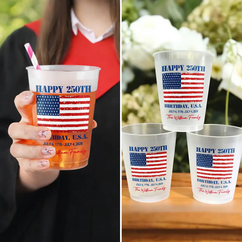 Independence Day,Family,America 250th,Photo,Proud - Custom Photo Happy 250th Birthday USA Family Name - Personalized Frosted Cups