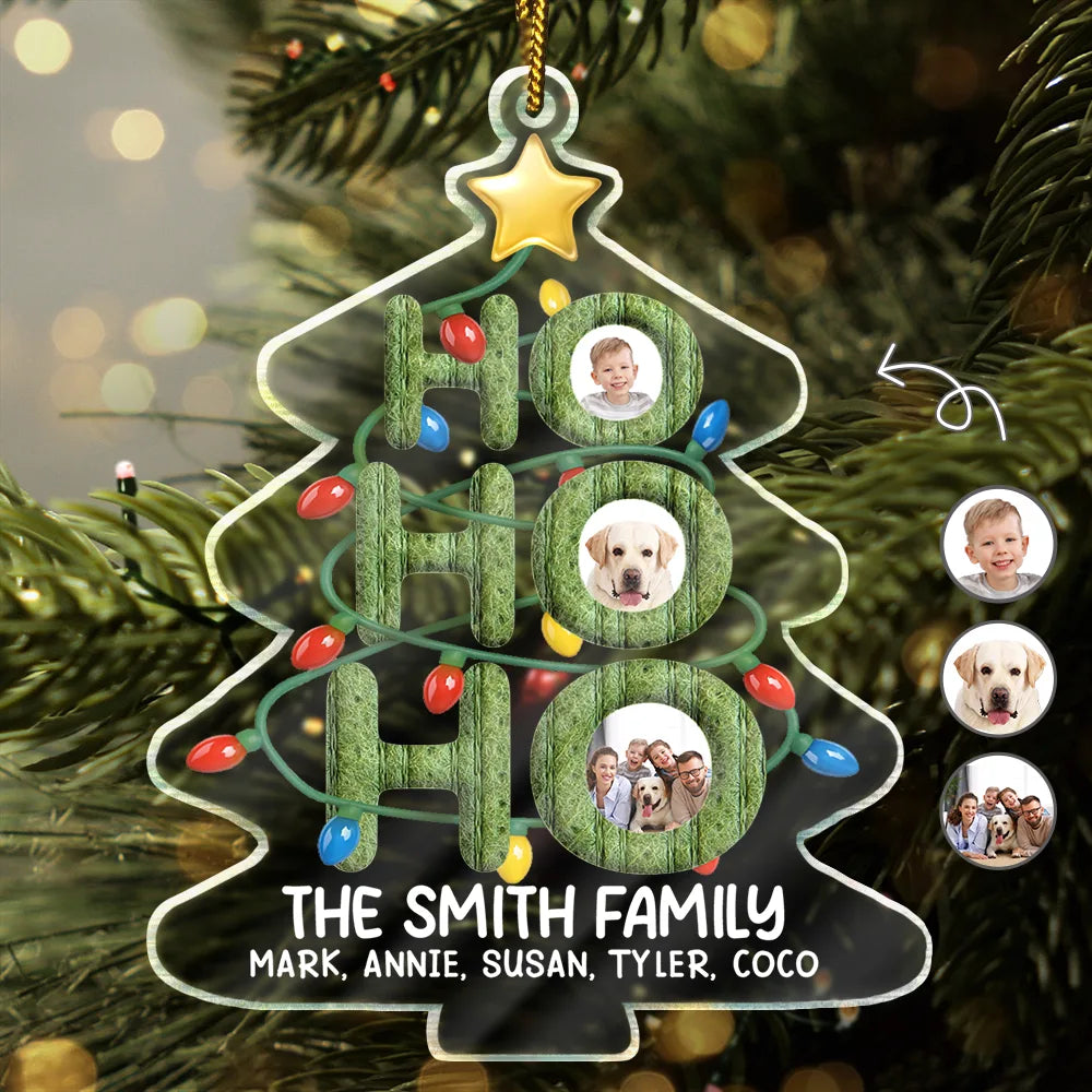 Custom Photo Ho Ho Ho Family Christmas Tree - Personalized Custom Shaped Acrylic Ornament