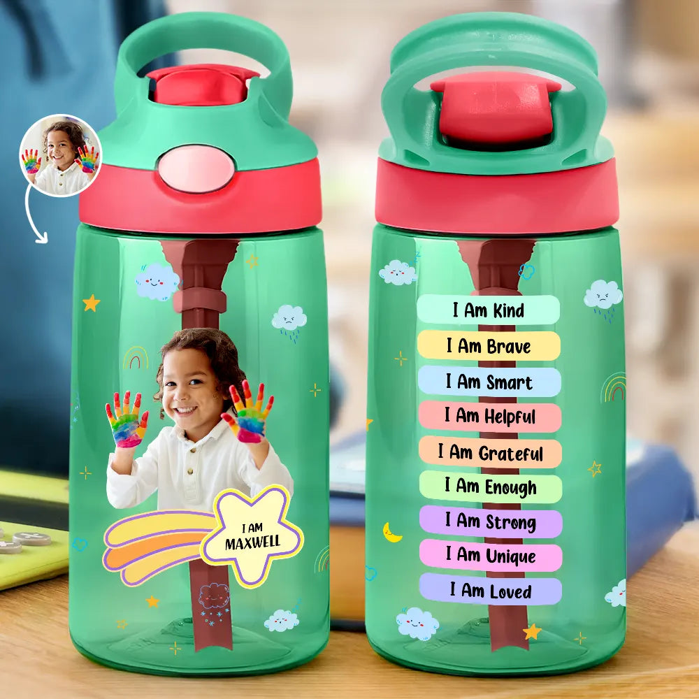 Custom Photo I Am Affirmations - Personalized Kids Water Bottle With Straw