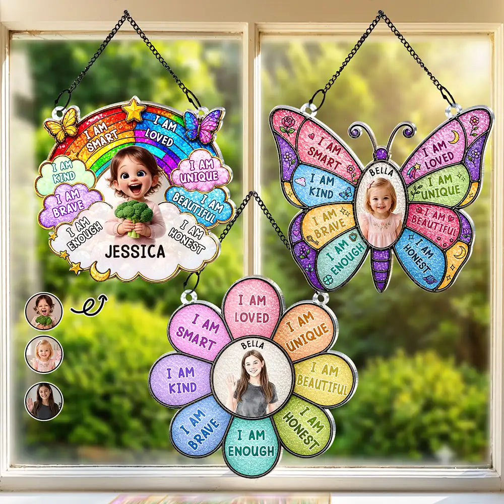Custom Photo I Am Smart Kind Brave Butterfly Flower Rainbow - Personalized Window Hanging Suncatcher Ornament