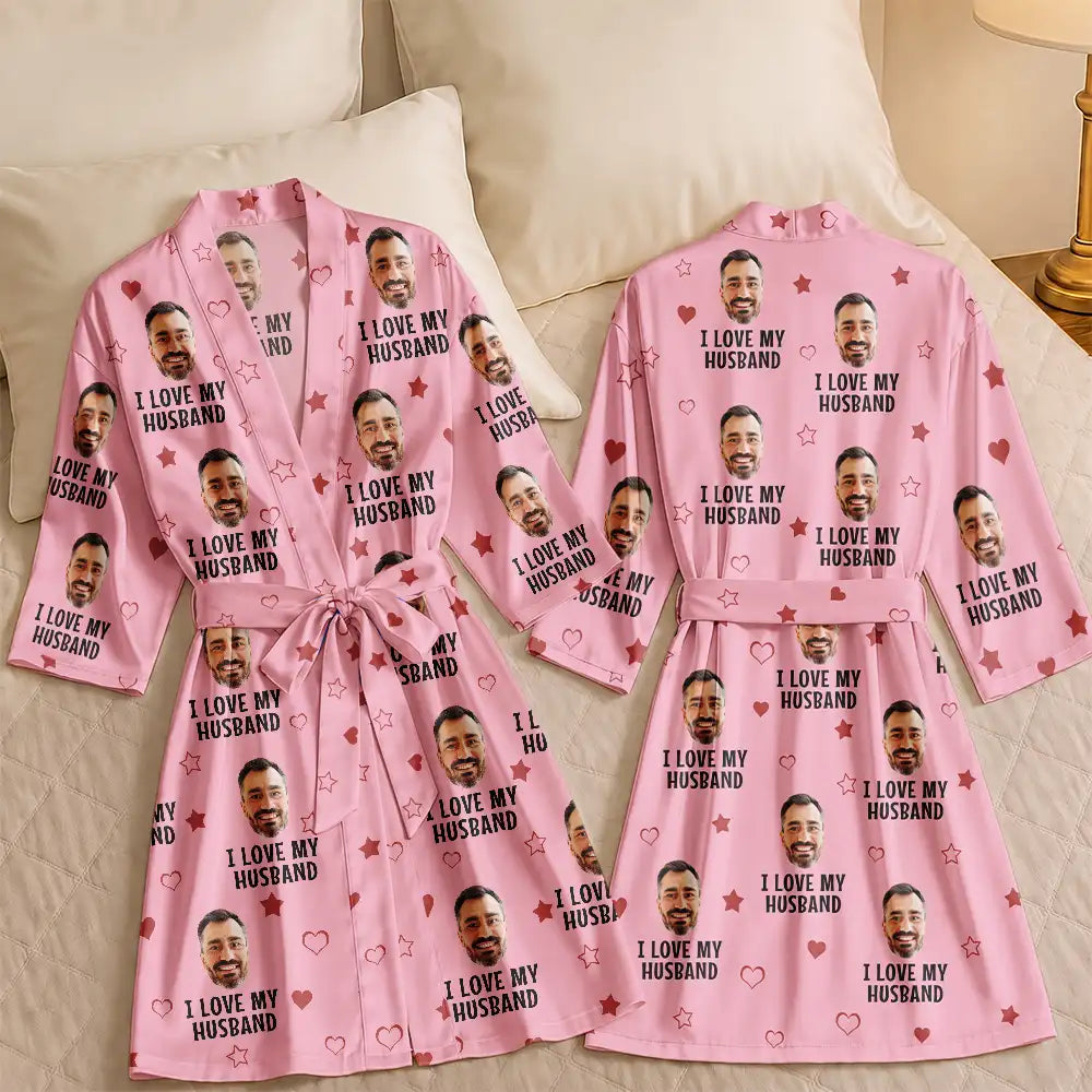 Gift For Wife, Humorous, Custom Photo, Gift For Couples, Cut-Face Photo - Custom Photo I Love My Husband Boyfriend - Personalized Satin Robe