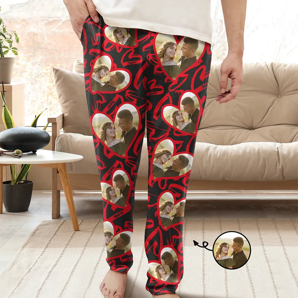 Custom Photo I Love My Wife Full Heart - Personalized Pajama Pants