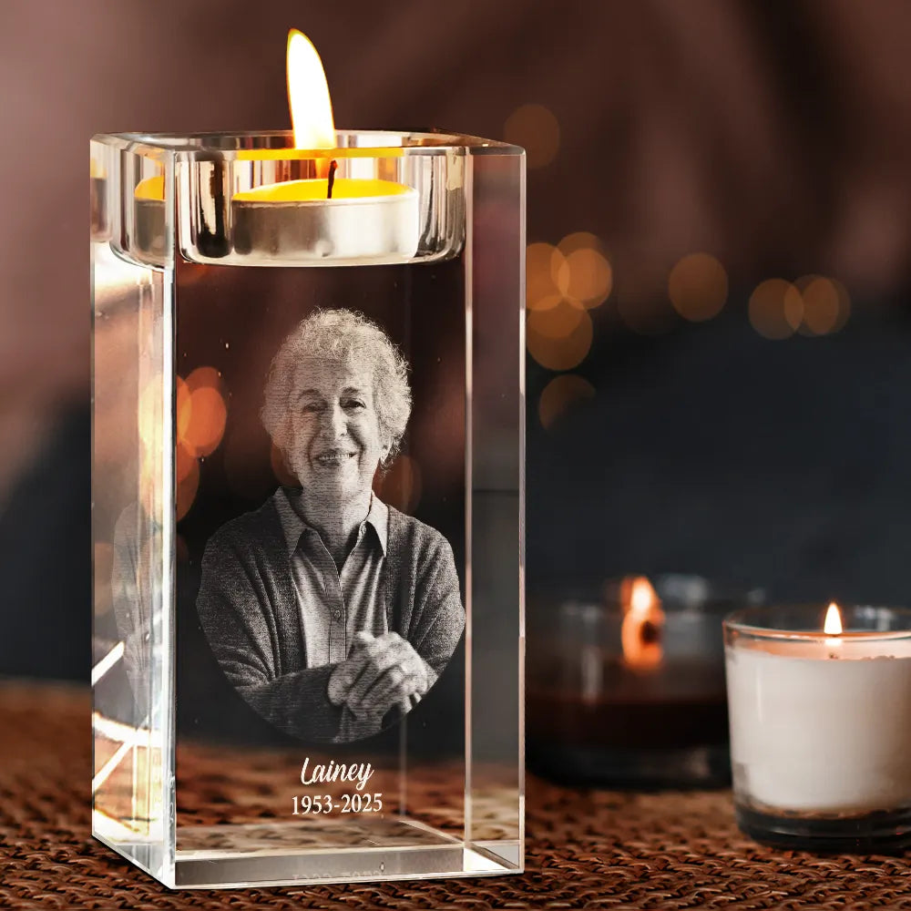 Family - Custom Photo In Loving Memory Memorial - Personalized Crystal Candle Holder