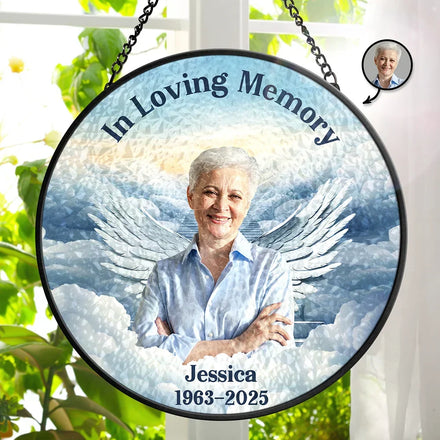 Custom Photo In Loving Memory Memorial Heaven - Personalized Stained Glass Window Hanging Suncatcher