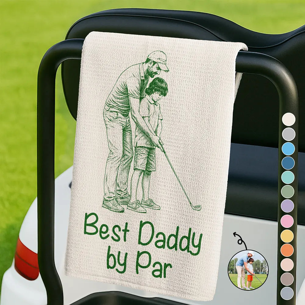 Custom Photo Ink Drawing Best Dad Papa By Par - Personalized Golf Towel